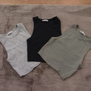 Tre ribbade linnetoppar från Zara - Säljer tre stilrena linnetoppar från Zara i storlek S. Färgerna är svart, ljusgrå och mörkgrå. Alla är ribbade och har ärmlös design med rund hals. Perfekta att matcha med jeans eller kjol för en clean och chill look.