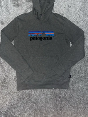 Grå Patagonia hoodie med tryck - Säljer en grå hoodie från Patagonia med det klassiska logotrycket i svart, blått, lila och orange på bröstet. Hoodien har huva med dragsko, magficka och ribbade muddar. Perfekt för dig som gillar streetwear och outdoor-vibe. Skicket är i princip som nytt använd fåtal gånger! Nypris 999kr 