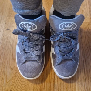 Grå Adidas Campus sneakers - Säljer ett par grå Adidas Campus sneakers med klassiska vita ränder på sidorna och Adidas-logga på plösen. Skorna har snörning, rund tå och platt sula i gummi. Ovandelen är i mjuk mocka och insidan är fodrad för extra komfort. Perfekt för dig som gillar retrostil.
