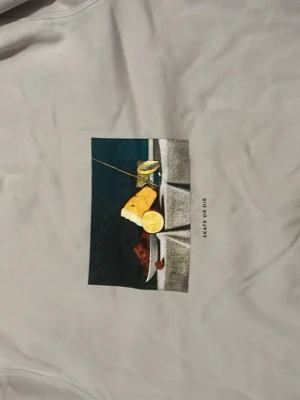 Ljusgrå sweatshirt med konstmotiv - Säljer en ljusgrå sweatshirt med ett färgstarkt konstmotiv på bröstet som föreställer ost, citron och texten 'SKATE OR DIE'. Tröjan har rund halsringning och långa ärmar. Perfekt för dig som gillar streetwear och unika prints.