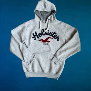 Grå hoodie från Hollister med tryck - Snygg grå hoodie från Hollister med stort broderat logotryck i marinblått och rött på bröstet. Skick 8/10. Storlek M. Bara höra av dig vid funderingar😁