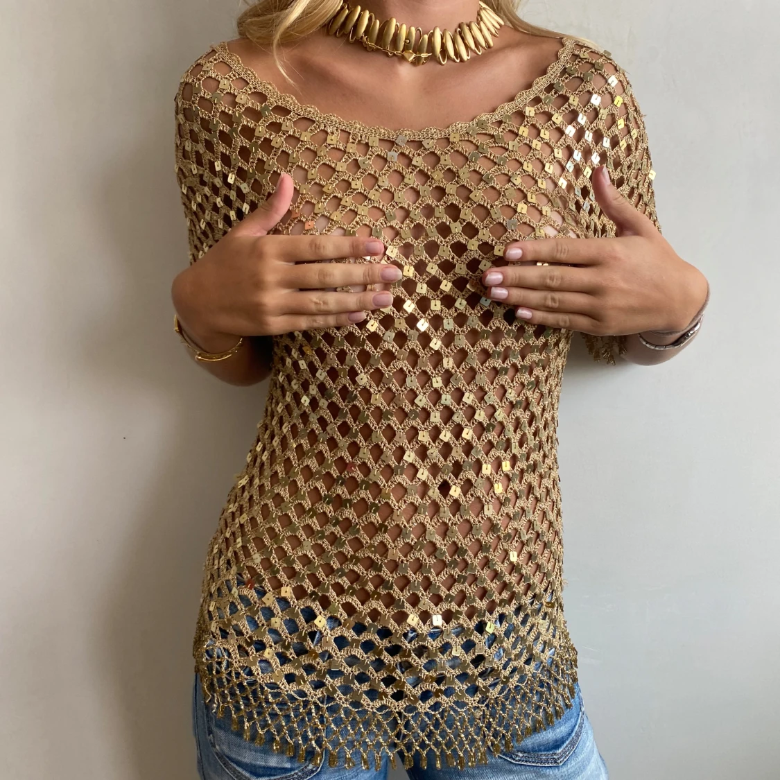 Galet snygg vintage paljettopp glaspärlor Ibiza vibes 