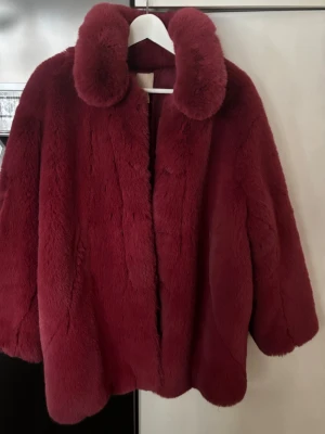 Vinröd/rosa pälsjacka från H&M - Säljer en fluffig vinröd/rosa pälsjacka från H&M i storlek S. Jackan har en bred krage, dold knäppning med tryckknappar och är helfodrad. Perfekt för dig som vill ha en statementjacka med lyxig känsla och oversized look.