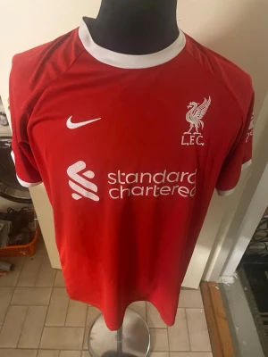 Liverpool FC Nike matchtröja röd - Liverpool FC matchtröja från Nike i rött med vita detaljer. Tröjan har klubbmärke, Premier League-logga på ärmen och sponsorer som Standard Chartered och Expedia tryckta på framsidan och ärmarna. Rund hals med vit kant och korta ärmar. Perfekt för fotbollsfans.