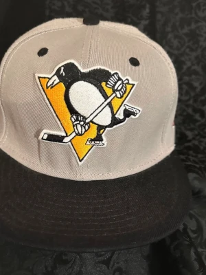 Grå och svart Pittsburgh Penguins keps - Säljer en grå och svart snapback-keps från Mitchell & Ness med Pittsburgh Penguins-logga broderad framtill och NHL-märke på sidan. Kepsen har svarta detaljer och gul broderad text baktill. Insidan har röda band med HipHop Honour-tryck.