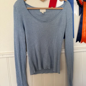 Ljusblå ribbad tröja från H&M - Superfin ljusblå ribbad tröja från H&M med rundad halsringning och långa ärmar. Tröjan är figurnära och har en mjuk, stretchig känsla som passar perfekt till jeans eller kjol. Enkel och stilren design som är lätt att matcha.