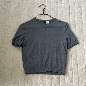 Grå croppad topp - Säljer en stilren grå croppad topp från H&M Divided i storlek S (passar även xs) Toppen har korta ärmar, rund hals och ribbade detaljer vid halsringning, ärmslut och nederkant😊