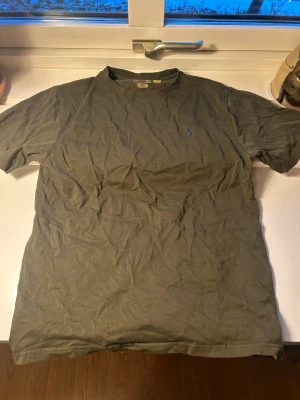 Grå t-shirt från Polo Ralph Lauren - Klassisk grå t-shirt från Polo Ralph Lauren med rund hals och diskret blå logga broderad på bröstet. Tillverkad i mjuk bomull och har en normal passform. Perfekt basplagg till garderoben. Den är använd en gång men jag har inte strykt den.