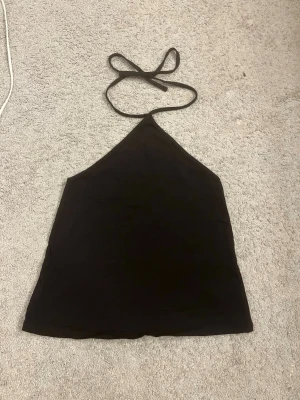 Svart halterneck linnetopp - Säljer en svart halterneck linnetopp med tunna band som knyts i nacken. Toppen har en enkel och stilren design med rak passform och är sopren utan mönster eller detaljer. Perfekt till sommaren och lätt att matcha med olika outfits.