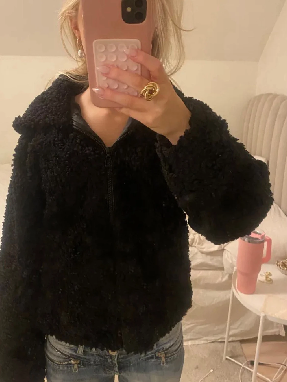 Svart teddyjacka med huva - 1