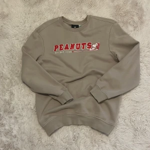 Beige Peanuts sweatshirt från H&M - Säljer en beige sweatshirt från H&M med Peanuts-tryck och Snoopy-detalj fram, samt Van Pelt's Pro Shop-tryck bak. Tröjan har rund hals, långa ärmar och är gjord i mjuk bomullsmix. Perfekt för dig som gillar retro och streetstyle.