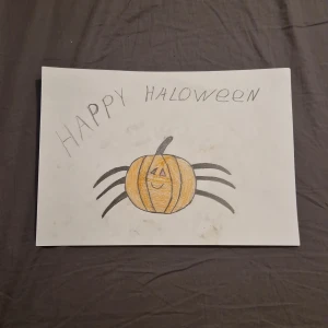  Möt Bertil en glad (pumpa pris kan diskuteras) - En handritad täknig med ett Halloween-tema, där en pumpa med spindelben och ett glatt ansikte pryder omslaget. Perfekt för dig som gillar kreativa och unika illustrationer med höst- och Halloweenkänsla!