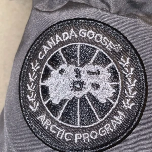 Mörkgrå dunjacka från Canada Goose - Säljer en mörkgrå dunjacka från Canada Goose med klassisk patch på ärmen. Jackan har stora fickor, huva och dragkedja med tryckknappar. Perfekt för kalla dagar och riktigt snygg streetstil.