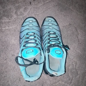 Nike Air Max Plus Tn blå/svarta sneakers - Nike Air Max Plus Tn sneakers i blå och svart med silverfärgade swoosh-loggor på sidorna. Skorna har en vågig design, synlig Air Max-dämpning i sulan och Tn Air-märke på hälen. Ovandelen är i syntetmaterial med snörning och platt sula.