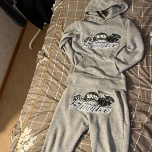 Grå hoodie Trapstar London Shooters med byxan  - Säljer en grå hoodie från Trapstar med fett broderat London Shooters-tryck och svart pantermotiv på bröstet. Hoodien har huva, magficka och ribbade muddar. Perfekt för dig som gillar streetwear och vill sticka ut med en unik design. Byxan följer med 