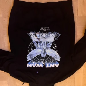 Svart Ant Wan hoodie med tryck - Svart hoodie från Ant Wan med stor grafisk print på ryggen i blått och vitt, samt mindre logga på bröstet. Tröjan har huva med snörning och en klassisk känguruficka framtill. Perfekt för dig som gillar streetwear och snygga detaljer.