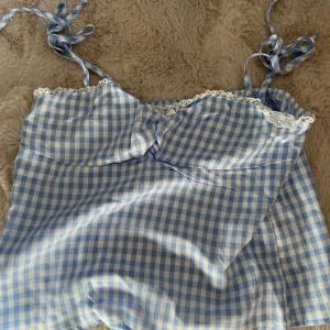 Blåvit rutig linnetopp med spets - Supersöt blåvit rutig linnetopp med tunna knytband och spetsdetaljer längs kanten. Toppen har en liten rosett framtill och är gjord i ett lätt material som känns perfekt för varma dagar. Passar dig som gillar en romantisk och somrig stil.🫰🏼Kom inte till någon användning därför söljer jag den😉
