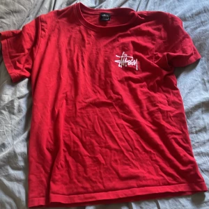 Röd Stüssy t-shirt med logga - Röd t-shirt från Stüssy i bomull med klassisk vit Stüssy-logga tryckt på bröstet och stort logotryck på ryggen. T-shirten har rund hals och korta ärmar, perfekt för en streetwear-look. Känt märke därför lite dyrare betalat betydligt mycket mer för denna svår och få tag på dessutom PRIS KAN DISKUTERAS