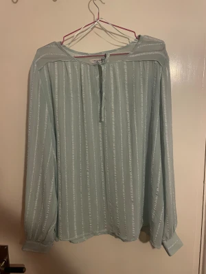 Ljusblå randig blus från Flash Woman - Säljer en ljusblå blus från Flash Woman i storlek L. Blusen har tunna vertikala ränder, långa ärmar med lätt puff och knytning framtill vid halsen. Materialet är tunt och flowy, perfekt för en chill och stilren look.