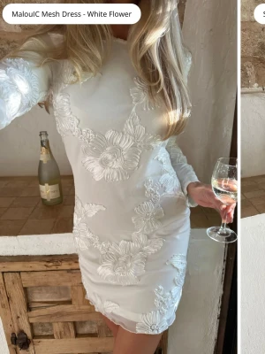Vit blommig meshklänning MalouIC - Kort vit klänning från MalouIC med mesh och stora blommiga broderier. Klänningen har lång ärm och en kroppsnära passform som framhäver siluetten. Perfekt för dig som vill sticka ut med eleganta detaljer och unik design.