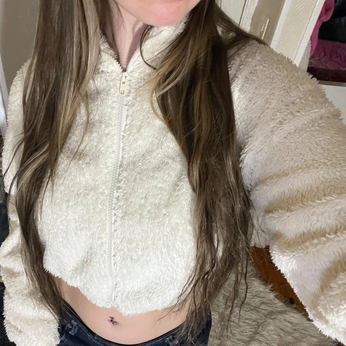 Vit teddy-cropped ziptröja fluffig shein