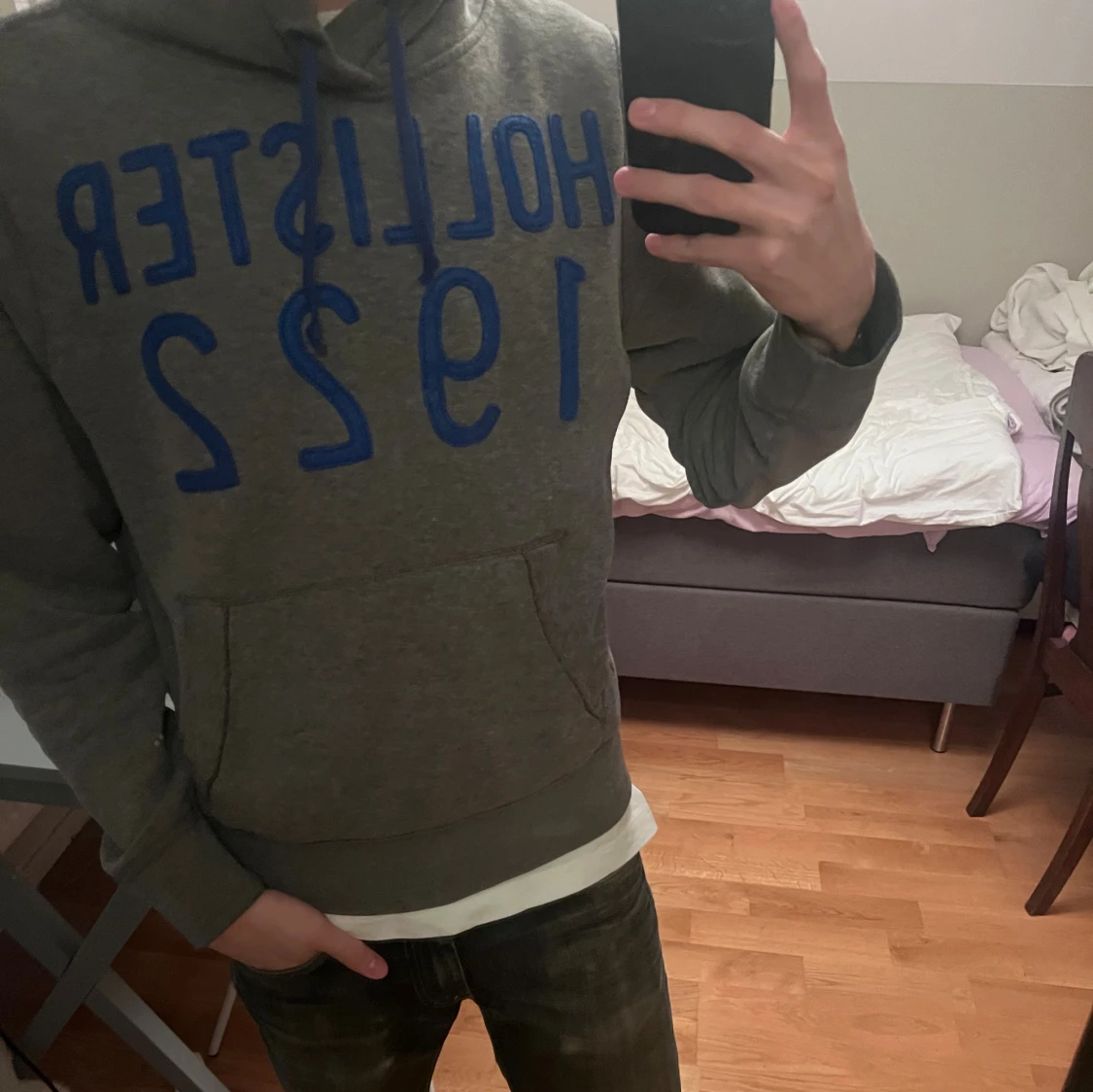 Grå Hollister hoodie med blå tryck - 1