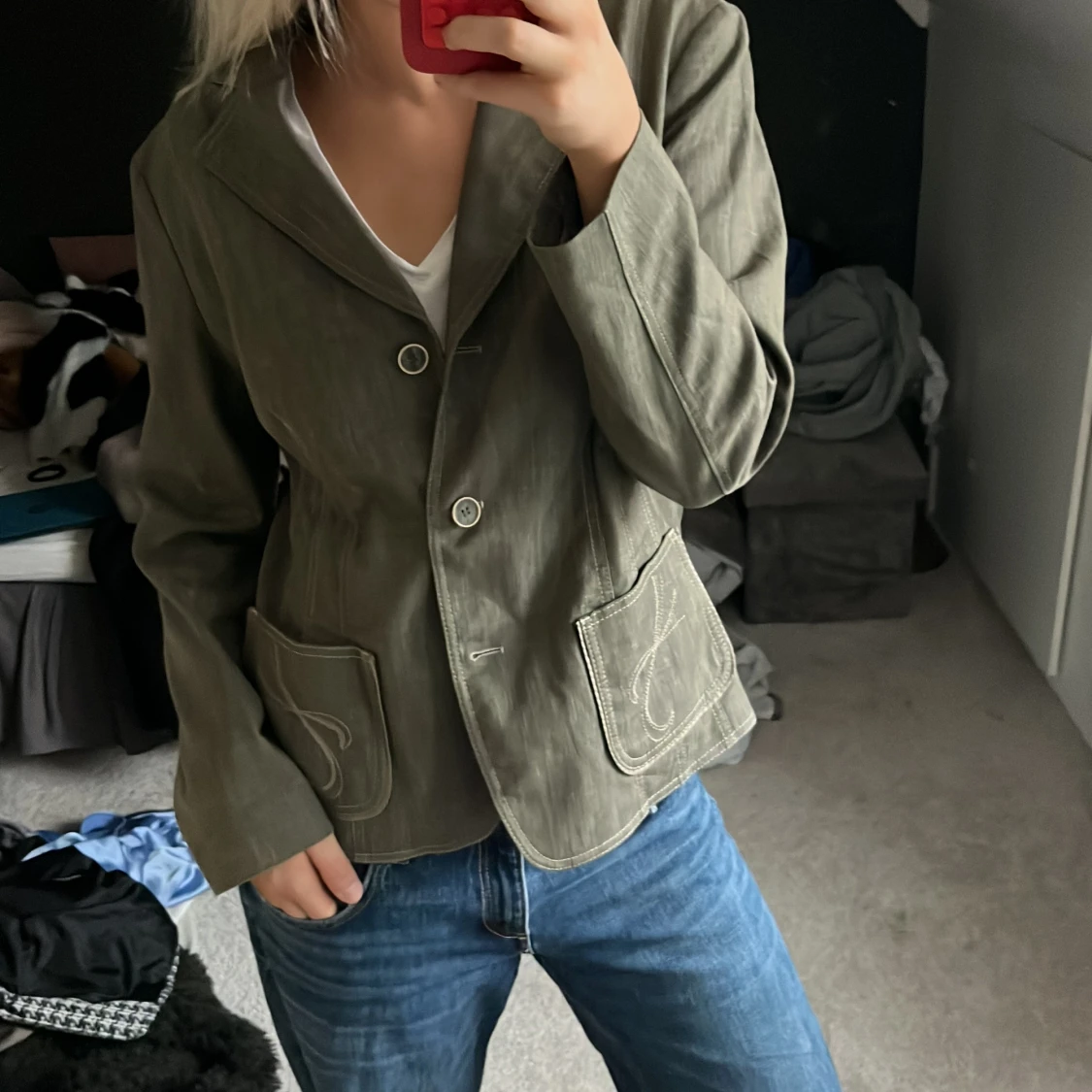 Olivgrön kavaj med broderade fickor - 3