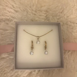 Guldigt halsband och örhängen i presentask - Snyggt och stilrent smyckesset med guldiga örhängen och ett halsband i guldton. Allt ligger i en glittrig silverask med ett ljusrosa sidenband. Perfekt som present eller bara om du vill känna dig lite extra fin. Halsbandet har en tunn kedja och både halsbandet och örhängena har söta droppformade pärlor.