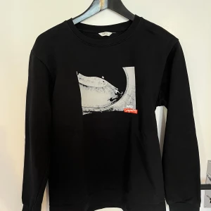 Svart långärmad tröja från Warp - Svart långärmad tröja från Warp med coolt tryck framtill som visar en skateboardåkare i en betongpool. Tröjan har rund hals och mjukt material som känns skönt mot huden. Inte säker på storlek men passar på pojke som vanligtvis har storlek 164 ish.