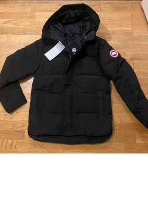 Svart dunjacka från Canada Goose - Säljer en svart dunjacka från Canada Goose med huva och klassisk logga på ärmen. Jackan har dragkedja framtill, två stora fickor och en quiltad design som håller värmen. Perfekt för kalla dagar och riktigt snygg till alla outfits.