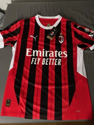 AC Milan matchtröja Puma röd/svart - En helt äkta AC Milan matchtröja från Puma i rött och svart med klassiska vertikala ränder. Tröjan har klubbmärke, Puma-logga och sponsortryck framtill. Tillverkad i lätt och ventilerande material, perfekt för fotbollsträning eller supporterliv.