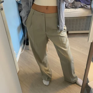 Pastellgröna/beiga vida kostymbyxor - Snygga pastellgröna/beiga kostymbyxor med rak och vid passform. Byxorna har en klassisk look med pressveck och är tillverkade i 100% polyester. Köpta second-hand, aldrig använda av mig, och jag kan inte hitta några fläckar eller fel på dem. Jag är 175 cm och de sitter baggy och skönt pả mig. De har dragkedja och tygknapp i gylfen, och kan bäras med eller utan skärp både hög- och medelmidjat. Har rymliga framfickor. Mått: A=78 cm, B=108 cm, C=74 cm, D=33 cm, E=57 cm.