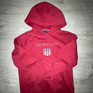 Röd hoodie från GANT med logga - Snygg röd hoodie från GANT med broderad logga och amerikanskinspirerat emblem på bröstet. Tröjan har huva, långa ärmar och är tillverkad i mjuk bomull. Perfekt för dig som gillar klassisk och sportig stil.