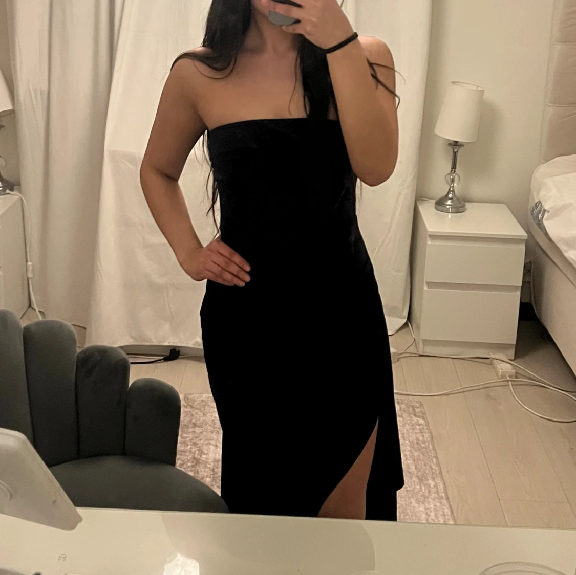 Marinblå axelbandslös långklänning - 1