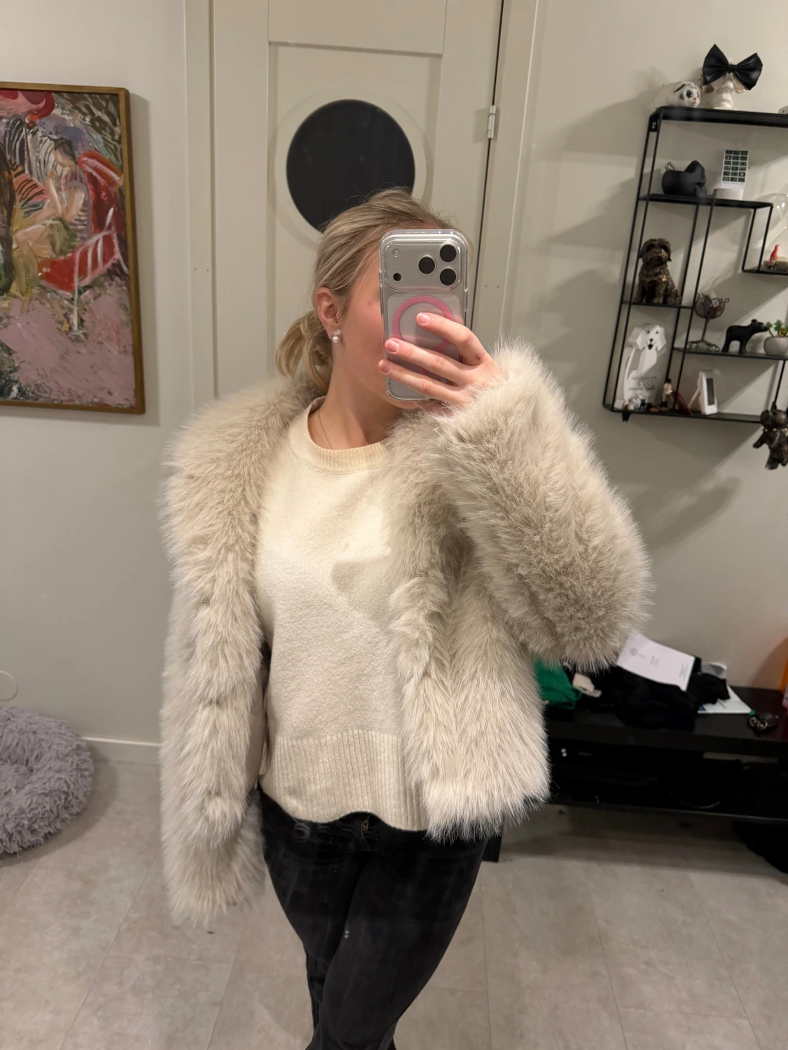 Beige fluffig pälsjacka - 1