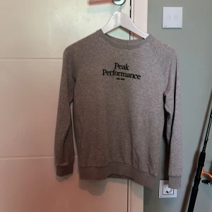 Grå Peak Performance sweatshirt - Snygg grå sweatshirt från Peak Performance med svart logotyp på bröstet. Tröjan har rund hals, ribbade muddar och lång ärm. Perfekt för chill dagar och enkel att matcha med jeans eller joggers. Mjuk insida i bomullsmix för extra komfort.