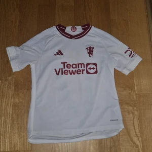 Manchester United Garnacho 17 Adidas tröja - Snygg Manchester United fotbollströja med Garnacho och nummer 17 på ryggen. Vit med vinröda detaljer, Adidas-logga och TeamViewer sponsortryck. Rund hals med vinröda ränder, korta ärmar och tillverkad i lätt, ventilerande material. Perfekt för dig som älskar fotboll och United.