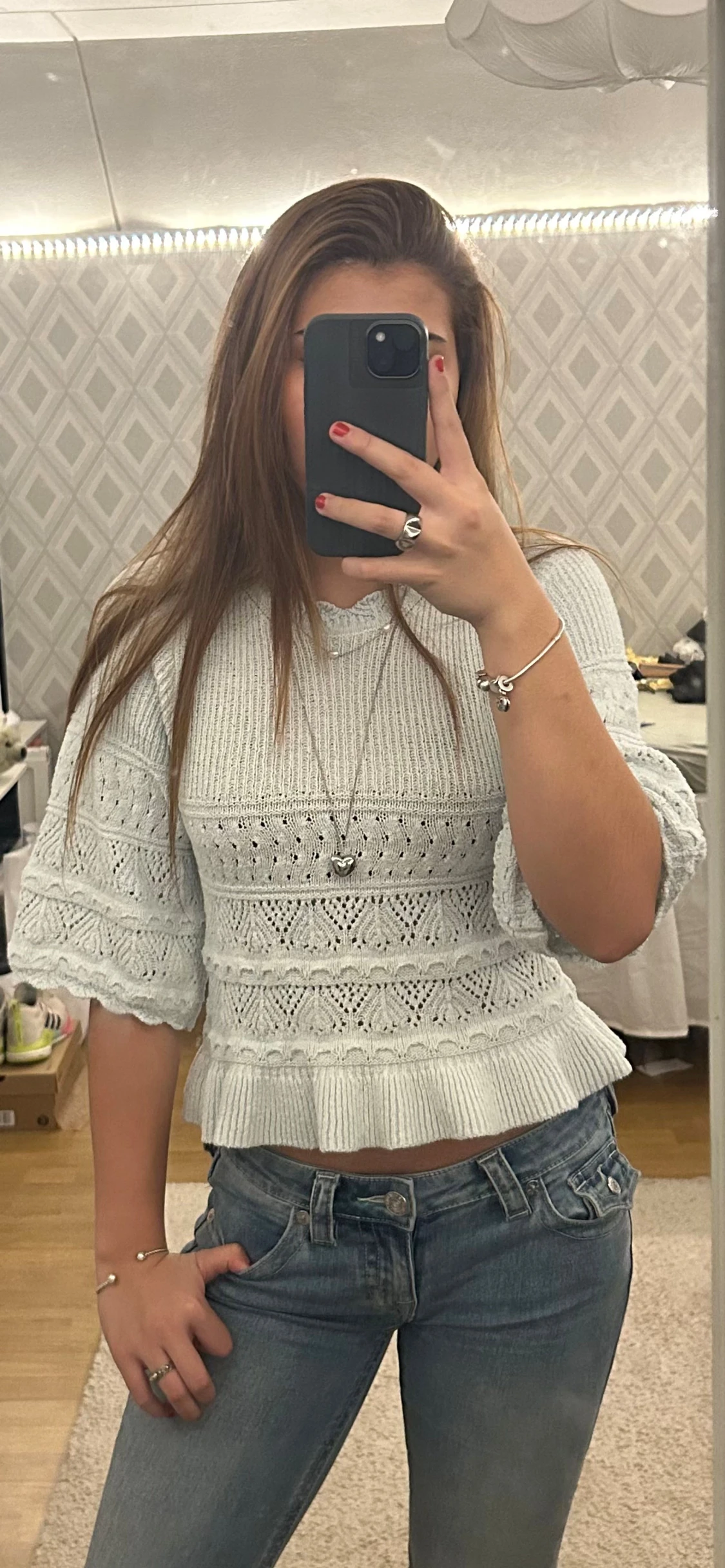 Ljusblå stickad tröja med volang - 6