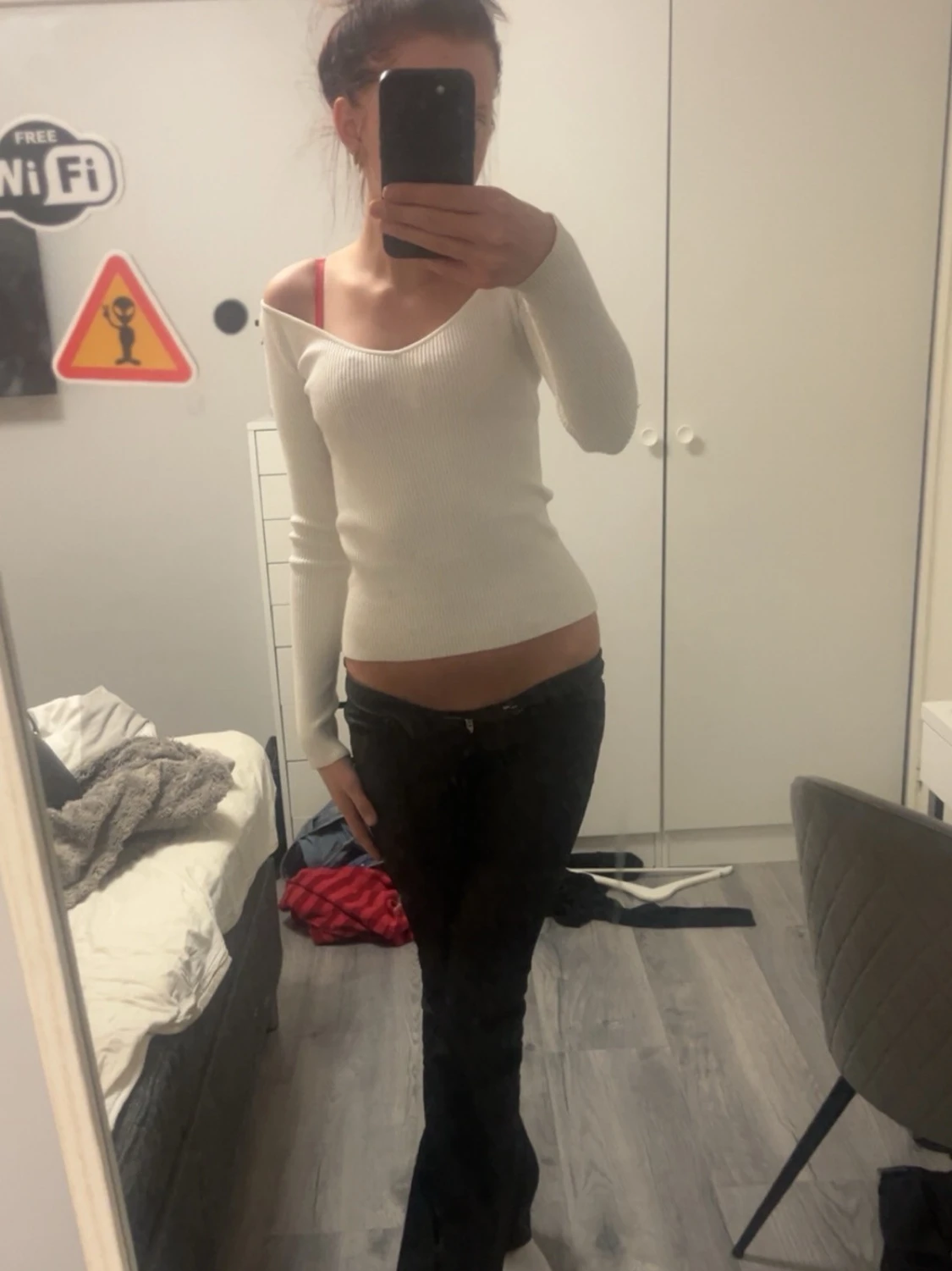 Vit ribbad långärmad topp - 1