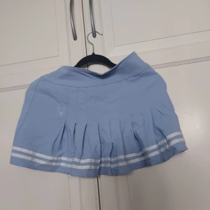 Ljusblå plisserad kjol från Divided - ⚠️Kjolen har en färg fläck!⚠️...se sista bilden Annars Superfin ljusblå plisserad kjol från Divided med vita ränder längst ner. Kjolen har dragkedja i sidan och är i kort modell, perfekt för en sportig look. Materialet känns som polyester och den har en klassisk skoluniformsvibe.