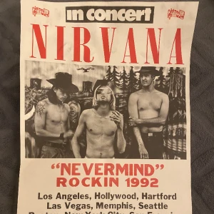 Nirvana poster/affisch  - Köpte den i Paris förra året. Har ba haft det på väggen sedan dess och ska renovera mitt rum så tänker sälja mina posters❤️ den är i affisch kvalite så det e inte som ett vanligt papper. Den är i bra skick men bakom lite sådär pga att jag använde tejp