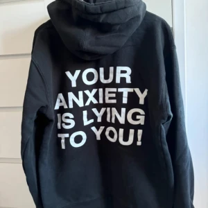 Svart hoodie - We’re Not Really Strangers - Storlek XS - Svart hoodie med texten "YOUR ANXIETY IS LYING TO YOU HOODIE!" på ryggen. Från We’re Not Really Strangers. Har använts flitigt men har fortfarande mycket att ge. Storlek XS men sitter oversize så skulle säga att den passar allt från S till L. Nypris: