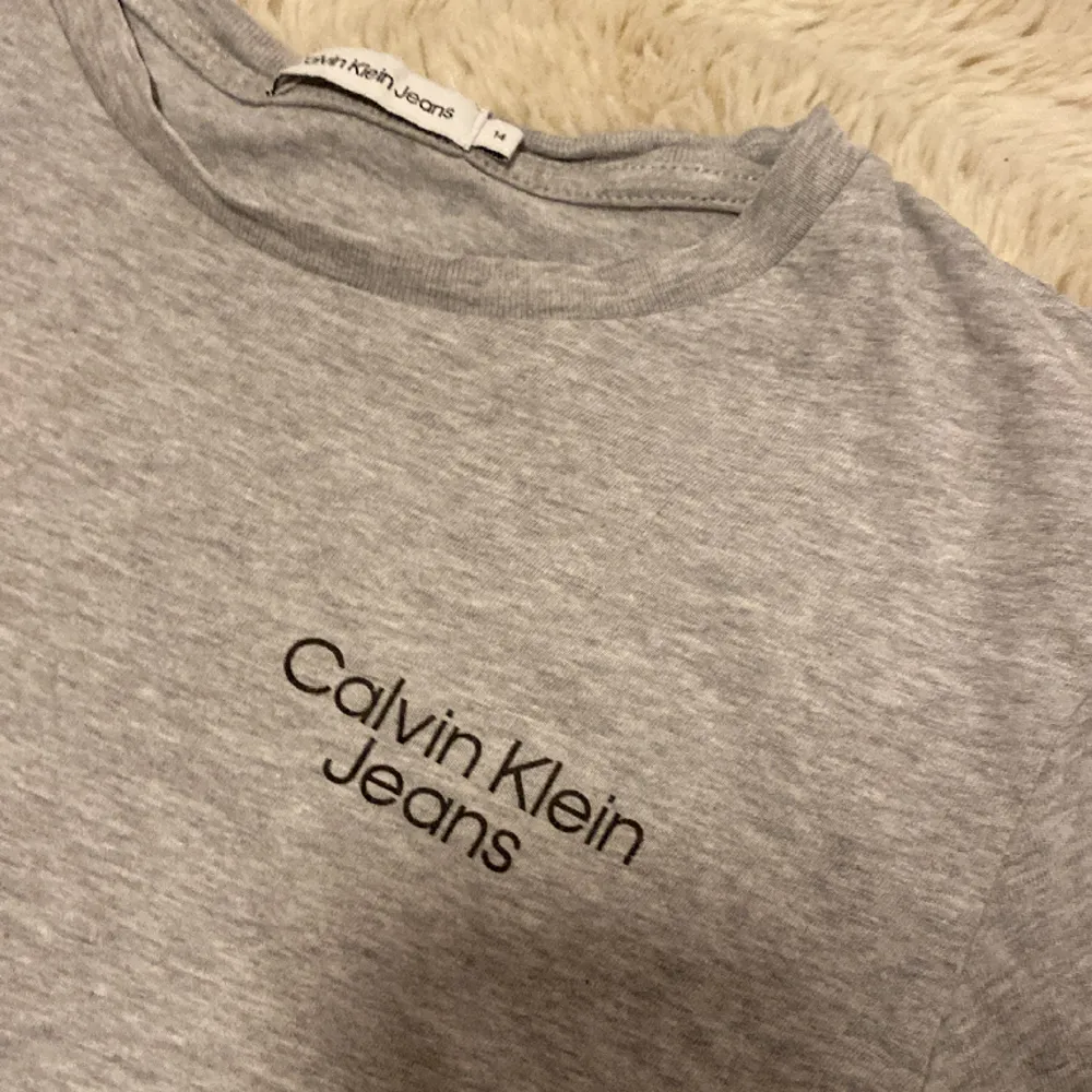 Grå Calvin Klein T-shirt med två olika märken en på kanten och en på axeln. T-shirts.