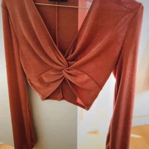 Rostfärgad långärmad topp med knutdetalj - En rostfärgad långärmad topp & kjol med en knutdetalj framtill. Toppen har en djup v-ringning och är croppad i modellen. Materialet är att mjukt och stretchigt.