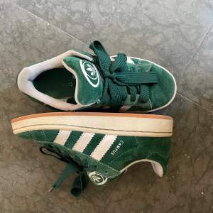 Gröna Adidas campus 00s i storlek    36 2/3. färgen ”dark green”. Väldigt fint skick! Nypris: 1249kr . Ingår tjockt grönt skosnöre, tjockt vitt skosnöre och smalt grön skosnöre! 💚💚💚💚 box ingår inte då den är slängd. 