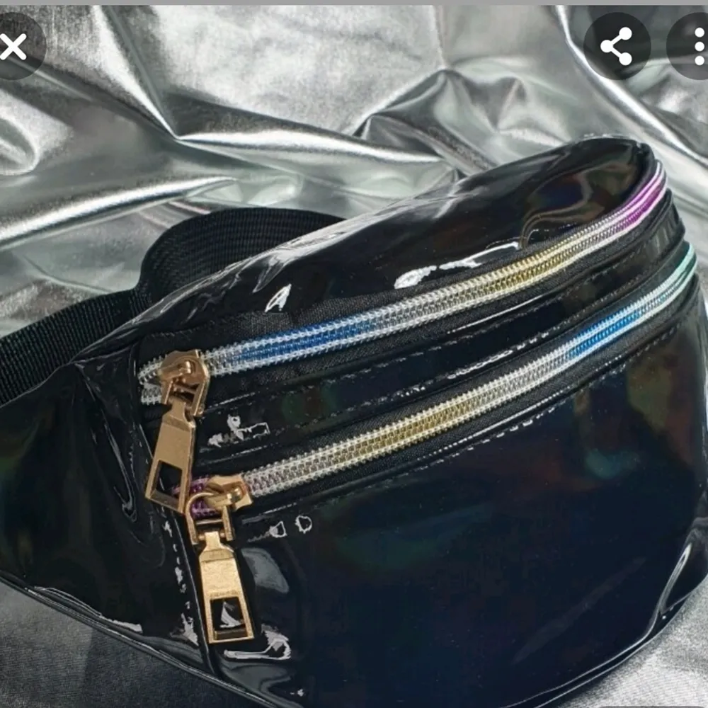 Midjeväska svart läderbältesväska, lyser med olika färger  i solljus och konstgjorda lampor.. Övrigt.