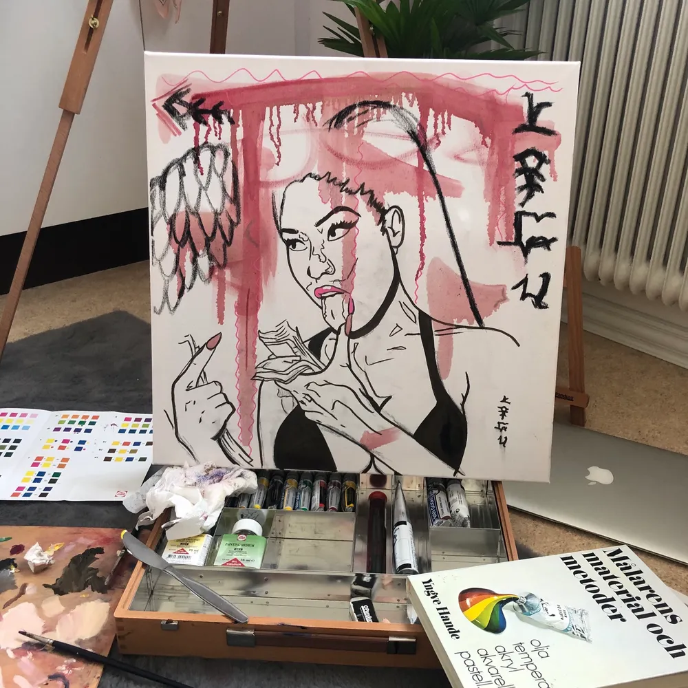 Nicki minaj canvas 50x50. Målad med tusch, kol och oljefärg! bud 🥳. Övrigt.