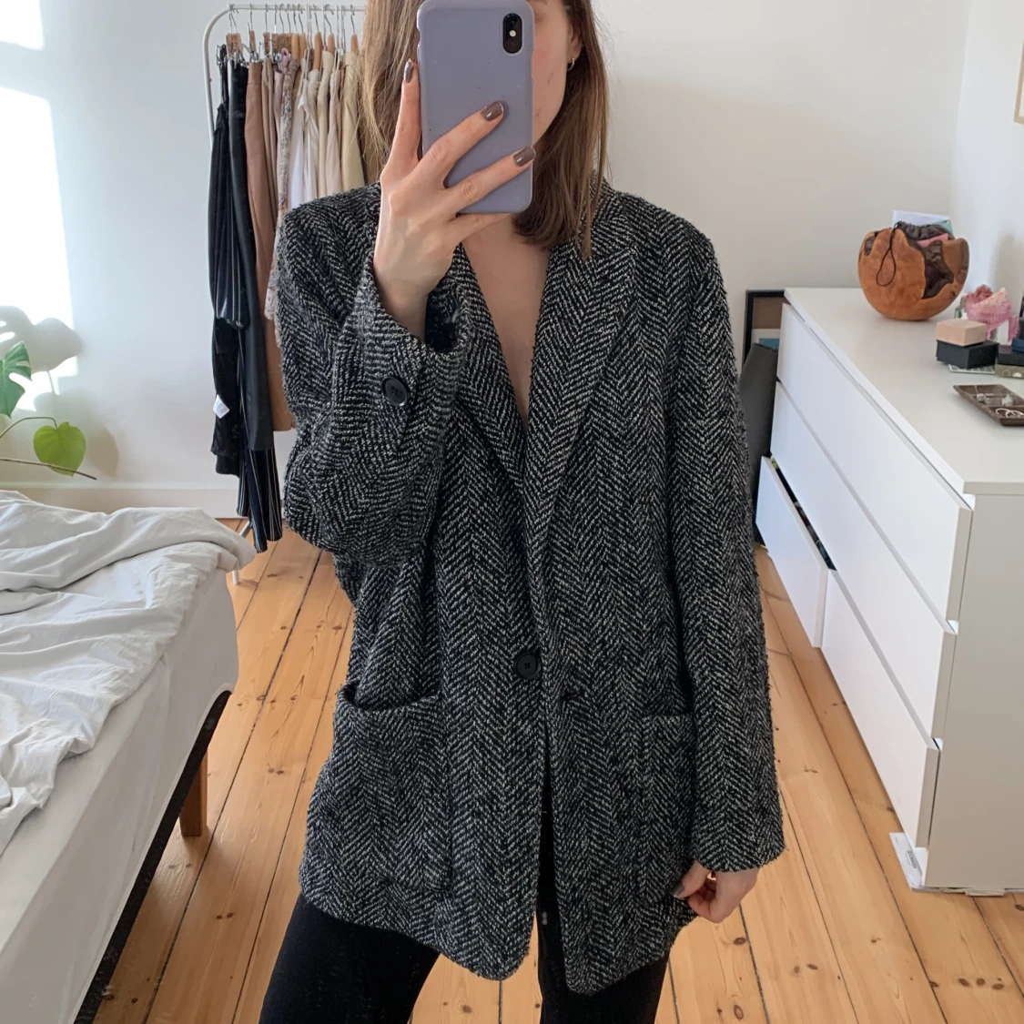 Oversize blazer-jakke i grå/sort mønster