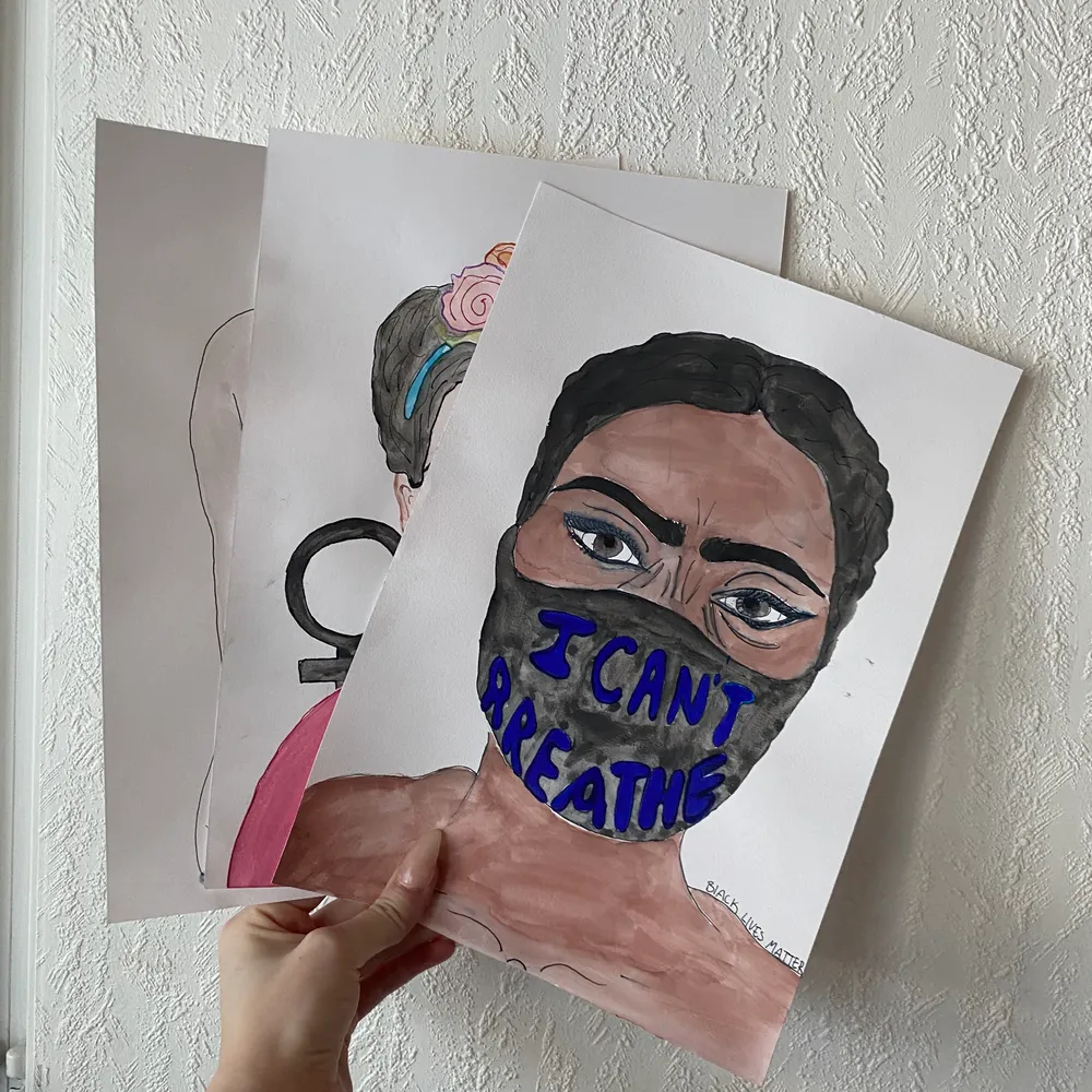 Akvarell-posters med syfte att belysa jämställdhet och solidaritet. ”Frida Kahlo”= en symbol för den feministiska rörelsen, ’I can’t breathe’= en symbol för BLM och ’anonym kvinna’ = body positivity 🤍 . Övrigt.