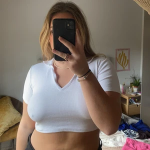 V-ringad t-shirt - En kroppad v-ringad t-shirt köpt från Zara. Superfin i modellen men är för liten för mig. Aldrig använd, superbra kvalite och fin passform. 😋
